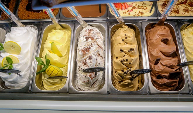The fresh gelato case at Neapolis tempts shoppers. They can also take home pints.