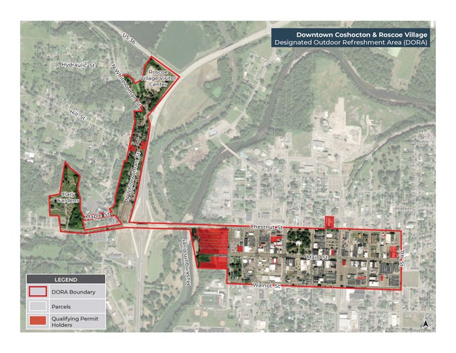 A map showing boundaries and qualifying permits holders for a new Designated Outdoor Refreshment Area encompassing Downtown Coshocton and Roscoe Village.