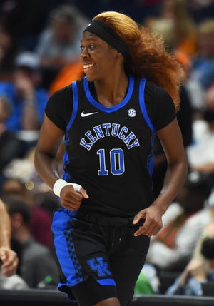 Mar 4, 2022; Nashville, TN, USA; Kentucky Wildcats guard Rhyne Howard (10) reacts after a basket during the first half against the LSU Lady Tigers at Bridgestone Arena. Mandatory Credit: Christopher Hanewinckel-USA TODAY Sports