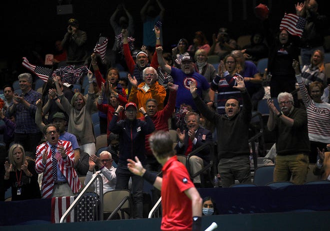 Team USA's Sebastian Korda gets the crowd fired up while taking on Colombia's Nicolas Mejia during their Davis Cup qualifying match at the Reno Events Center on Friday.