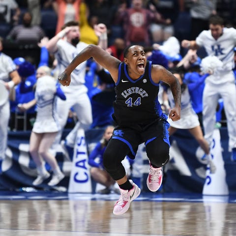 Kentucky forward Dre'una Edwards (44) celebrates a