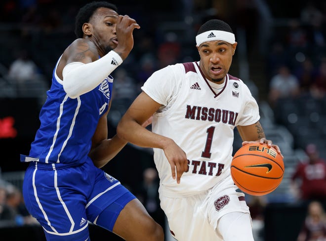Isiah Mosley, then with Missouri State, competes against Drake during a semifinal game of the Missouri Valley Conference tournament on March 5, 2022 in St. Louis.