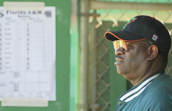 FAMU Baseball Coach Joe Durant stands in the dugout near a lineup card at the Delaware State game.