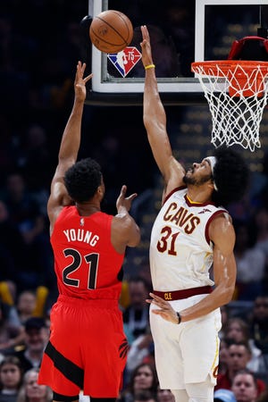 Cavaliers center Jarrett Allen (31) injured his quad and reportedly has a broken finger that could keep him out for an extended period of time. [Ron Schwane/Associated Press]