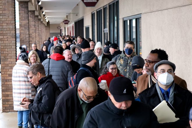 Some of the hundreds of candidates and campaign staff waiting in line early on Monday, March 7, 2022, in Springfield to file their petitions to appear on the June 28 primary ballot.