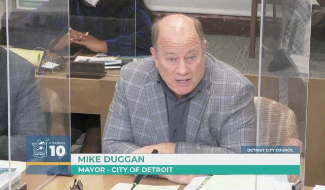 Detroit Mayor Mike Duggan delivers his proposed fiscal year 2023 budget and a four-year financial plan for the city through 2026 to the City Council Monday, March 7, 2022.