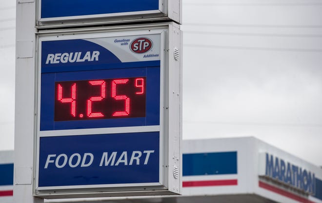 The price of gas at a Marathon convenience store on Breckinridge Lane in Louisville, Kentucky. March 7, 2022