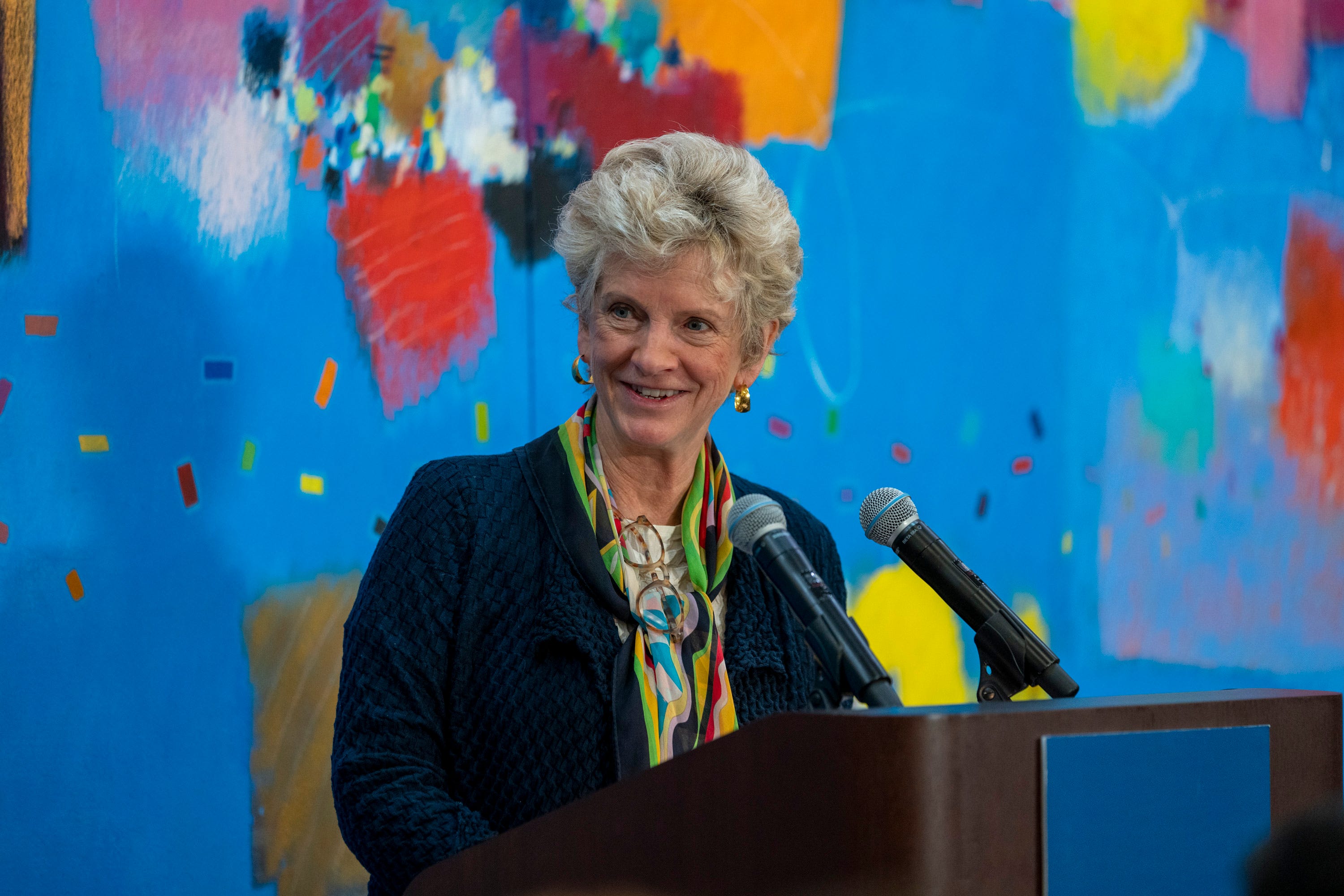 Administrator Robin Carnahan of the U.S. General Services Administration speaks in Philadelphia, PA, on February 17, 2022, at an event to commemorate the completion and installation of The Fruit of the Spirit, a large painting commissioned under GSA’s Art in Architecture program and created by the late Philadelphia artist, Moe Brooker.