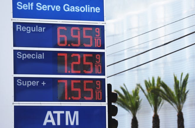 High gas prices are displayed at a Mobil station across the street from the Beverly Center on March 7, 2022 in Los Angeles, California.