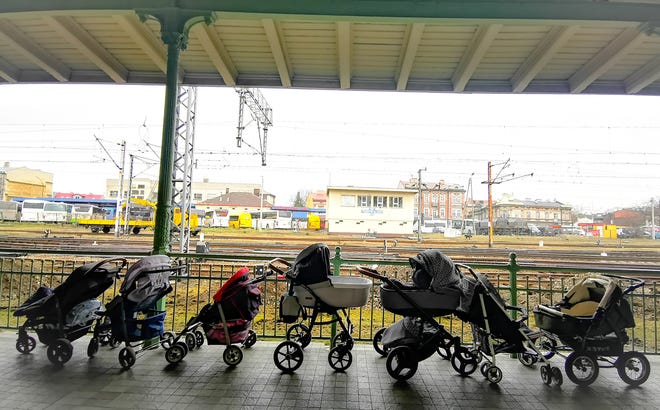 Photographer Francesco Malavolta took this image of strollers left at the Przemysl train station in Poland on March 3, 2022, for women arriving from Ukraine with babies.