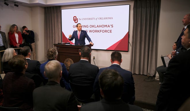 University of Oklahoma President Joseph Harroz Jr. speaks at the State Capitol March 8, 2022. Harroz announced Friday that OU will launch a new polytechnic institute on Friday to meet growing demand for labor -work in applied technology.
