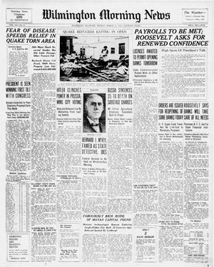 Front page of the Wilmington Morning News from March 13, 1933.