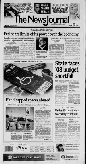 Front page of The News Journal from March 18, 2008.