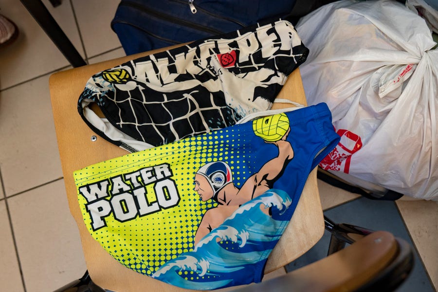 Yusef Grinchak's waterpool swimsuits sit on a chair at the Chem Railway Station, Tuesday March 8, 2022. Before the war, Grinchak played water polo competitively, training morning and the evening for seven years.