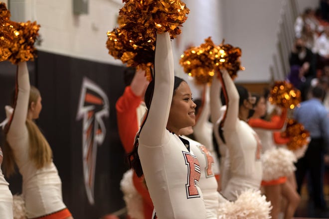 Pennsbury cheerleaders perform at Pennsbury High School in Fairless Hill on Tuesday, March 8, 2022. Pennsbury girls basketball defeated Dallastown, 62-46, in the first round of the PIAA Class 6A tournament.