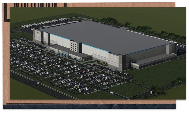 This is a rendering of the planned five-story, 2.8 million-square-foot Amazon robotics fulfillment center that recently began construction in Daytona Beach. The future facility will be just south of Bellevue Avenue, east of Williamson Boulevard, and is expected to open in time for the start of the holiday shopping season in 2023.