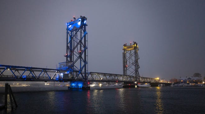The Memorial Bridge connecting Portsmouth, New Hampshire, and Kittery, Maine, was lighted in the colors of the Ukraine flag Feb. 25-27, 2022, in support of the nation attempting to fight off a military invasion by Russia.