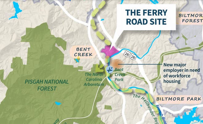 A Buncombe County planning map shows the location of a propose Ferry Road development project in South Asheville.