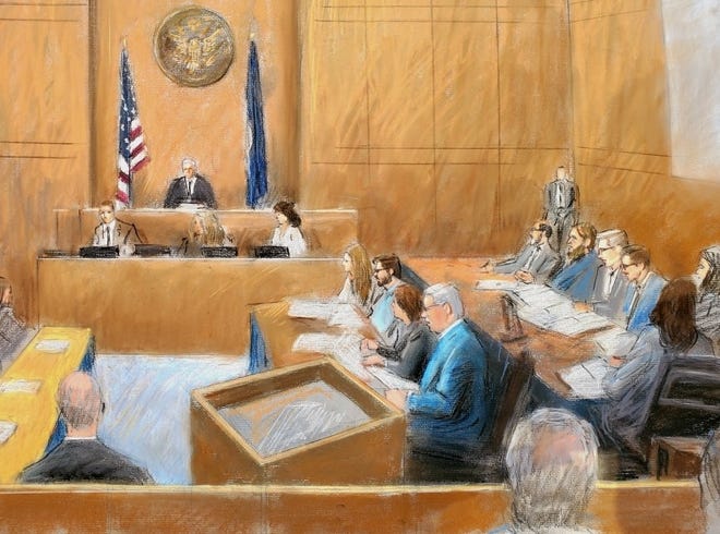 Courtroom drawing from jury selection of the Gov. Gretchen Whitmer kidnapping trial in Grand Rapids, Mich., that began Tuesday, March 8, 2022.