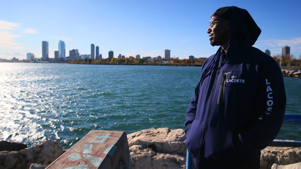 Marlin Dixon pauses to look out at Lake Michigan at the lakefront. 