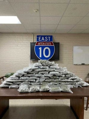 Iberville Praish Sheriff Brett Stassi shared a photo of some 63 pounds of marijuana seized following a traffic stop on Interstate 10.