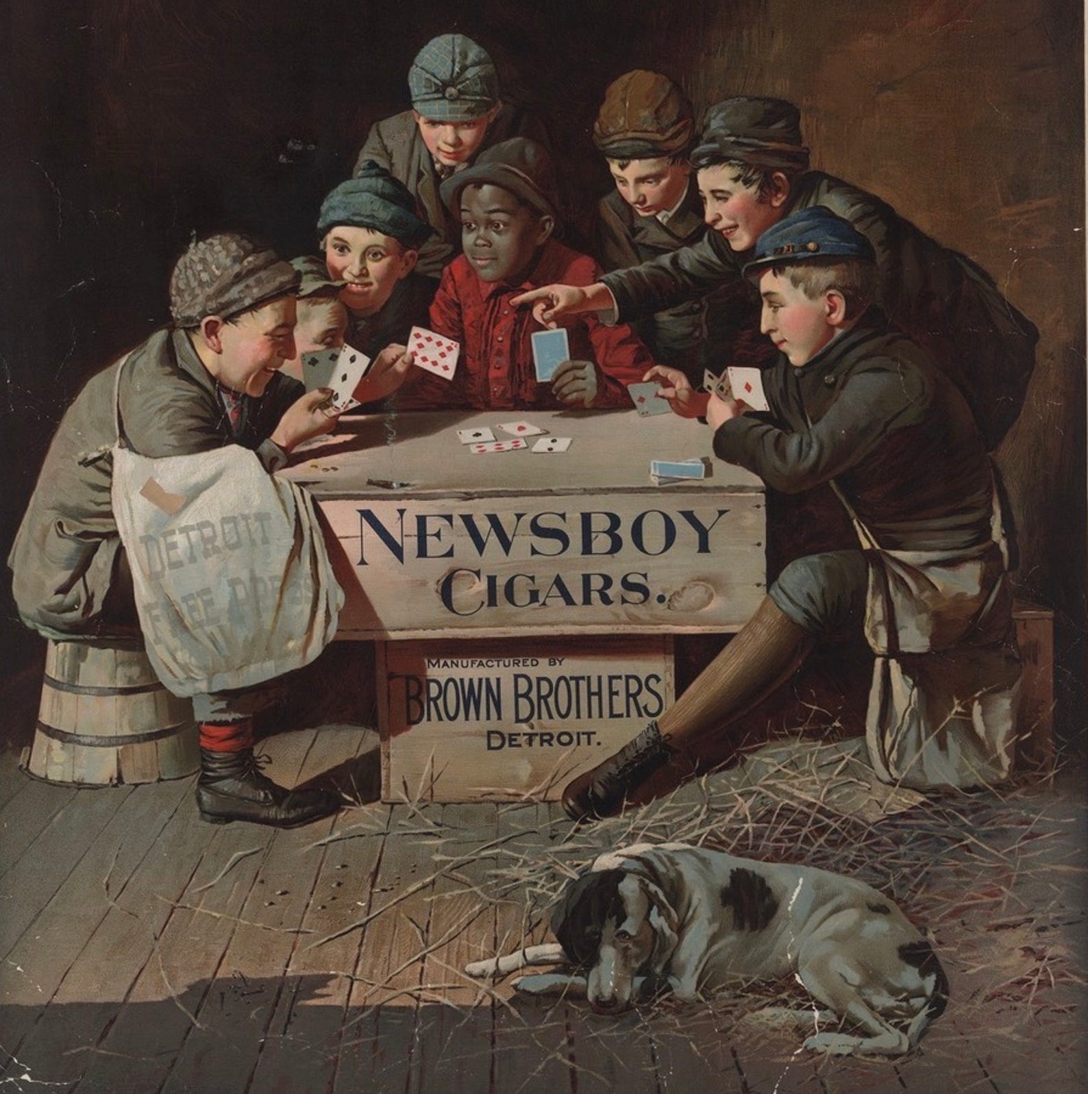Newsboys in an 1890’s lithograph that advertises the Detroit Free Press cigar brand — Newsboy. A partially smoked stogie smolders near the boy on left with the Detroit Free Press bag.