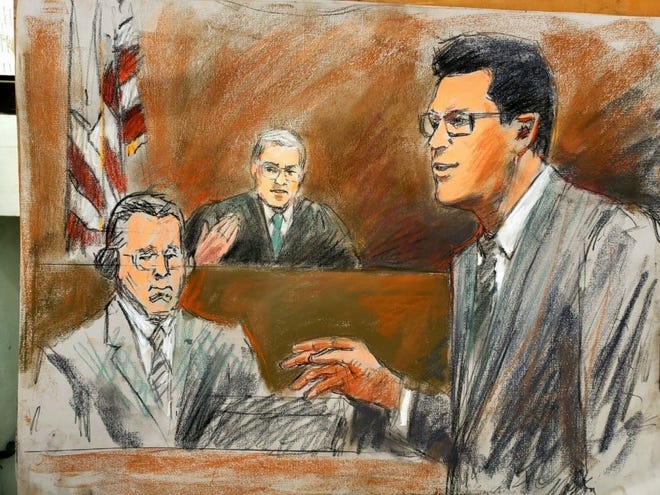 In this artist's rendering, Assistant US Attorney Jonathan Roth delivers opening statements in the first trial of four men charged with plotting to kidnap Gov. Gretchen Whitmer as Chief US District Judge Robert Jonker looks on from the bench.