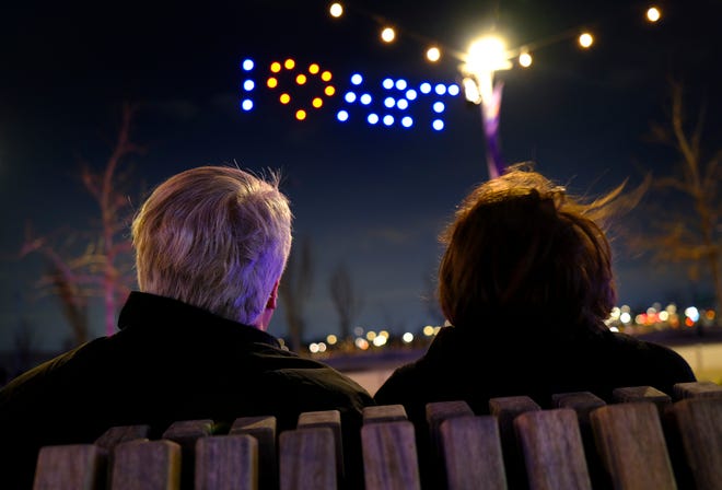 Robert and Sody Clements watch a drone light show March 10 in Scissortail Park. This year's Allied Arts 2022 campaign kickoff at the OKC Convention Center was followed by the drone show and an exclusive first look at the interactive illuminated art installation "GLOW."