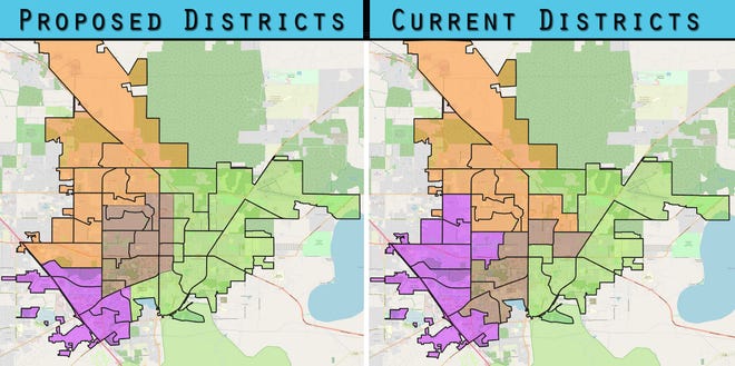 Maps of the current and proposed Gainesville districts.  [Images courtesy of City of Gainesville]