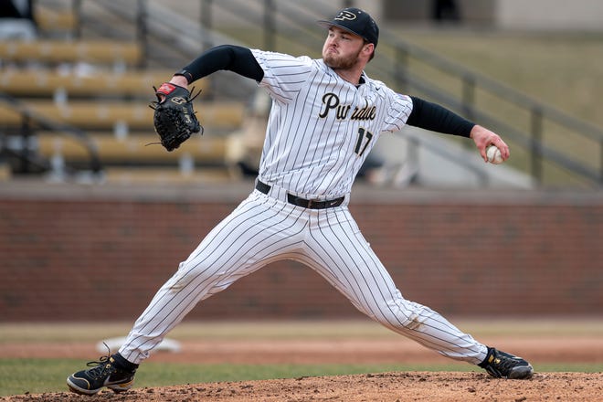 Purdue pitcher Jackson Smeltz (17) reaches back in the Bellarmine Knights at Purdue Boilermakers baseball game, Thursday Mar. 10, 2022 in West Lafayette.