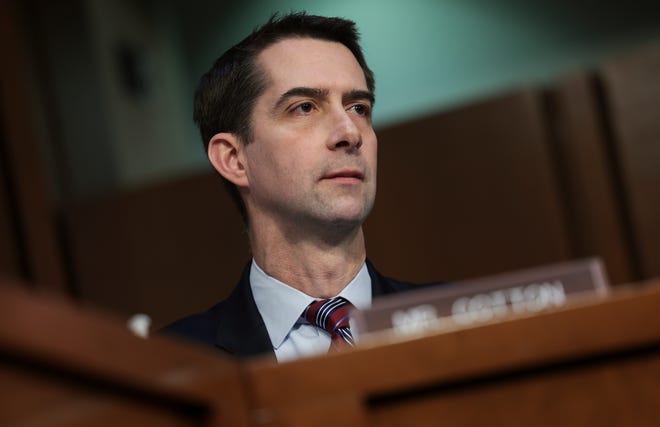 WASHINGTON, DC - MARCH 10: Sen. Tom Cotton (R-AR) listens to testimony from leaders of the intelligence community during a Senate Intelligence Committee on March 10, 2022 in Washington, DC. The committee held a hearing on worldwide threats. (Photo by Kevin Dietsch/Getty Images) ORG XMIT: 775784453 ORIG FILE ID: 1383965418