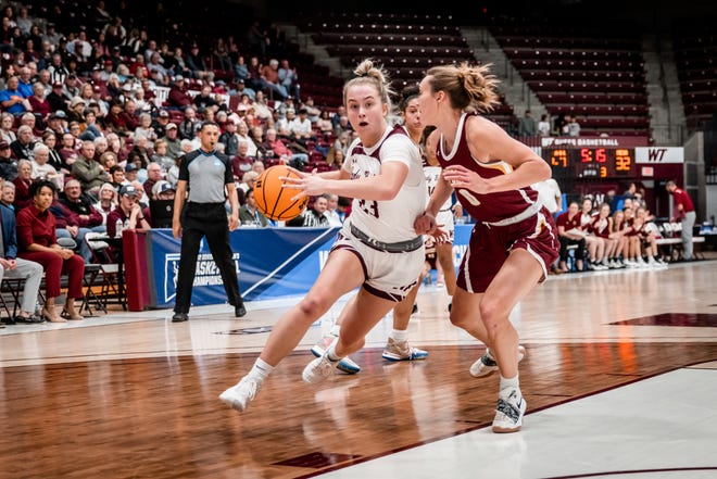 WT's Karley Motschenbacher (23) drives to the basket during the Lady Buffs' 70-64 win over Colorado Mesa in the South Central Regional quarterfinal on Friday, March 11, 2022 at the First United Bank Center in Canyon.
