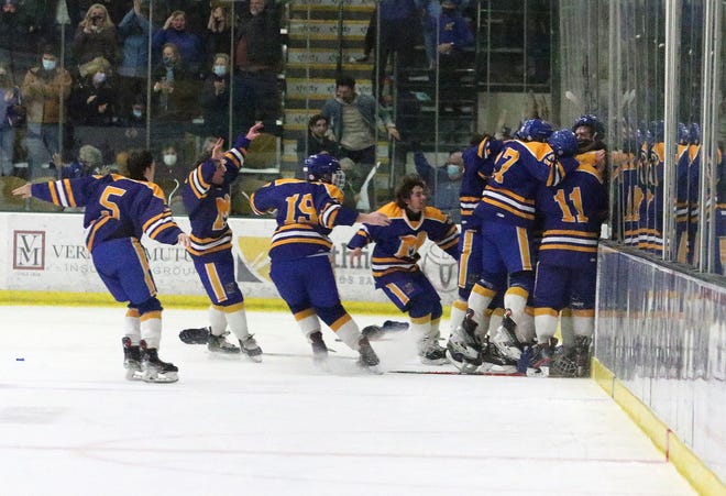 Milton celebrates its game-winning goal in overtime after a dramatic 4-3 win over Hartford in the D2 Championship game Friday night at Gutterson Fieldhouse.