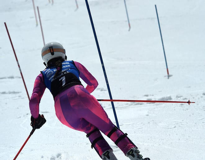 Bishop Manogue's Maya Hsu competes in the girls slalom race during the 2022 Western U.S. High School Championships at Mt. Rose Ski Tahoe on March 12, 2022.
