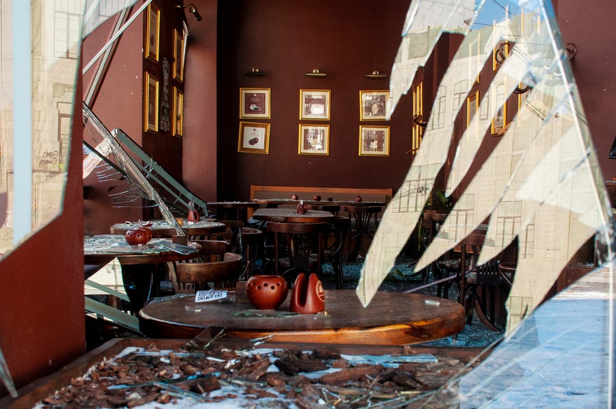 A view of damage caused by shelling at a cafe, in Kharkiv, Ukraine, Saturday, March 12, 2022.