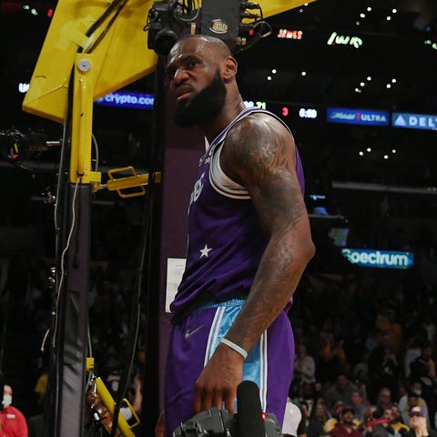 Los Angeles Lakers forward LeBron James reacts aft