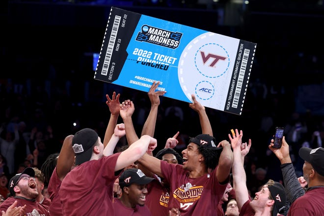 Virginia Tech players celebrate after defeating Duke 82-67 in the ACC Tournament final at Barclays Center last weekend. At one point this season, they were 10-10 and left for dead in the ACC.