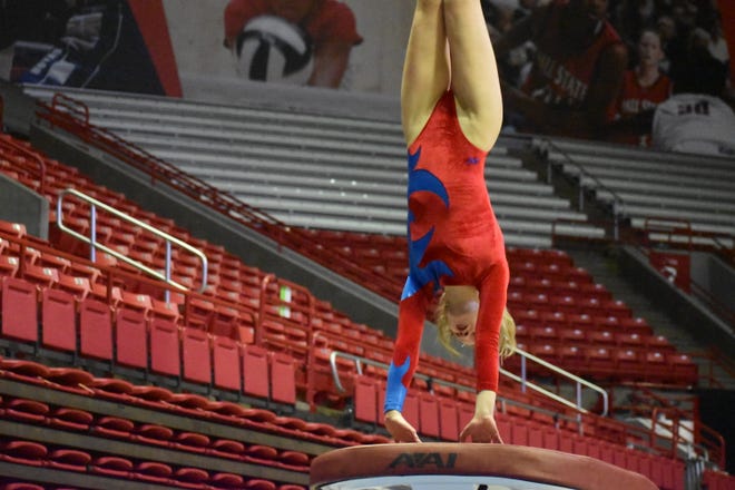 Martinsville's Gabby Grubb performs her second vault during the IHSAA State Finals in Muncie on March 12, 2022.