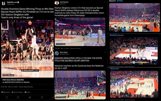 Screenshots from multiple views of KeShon Singleton's game-winning 3-pointer. The shot lifted Sacred Heart-Griffin to a 53-50 win over Metamora in the Class 3A boys basketball state championship game Saturday at State Farm Center in Champaign.