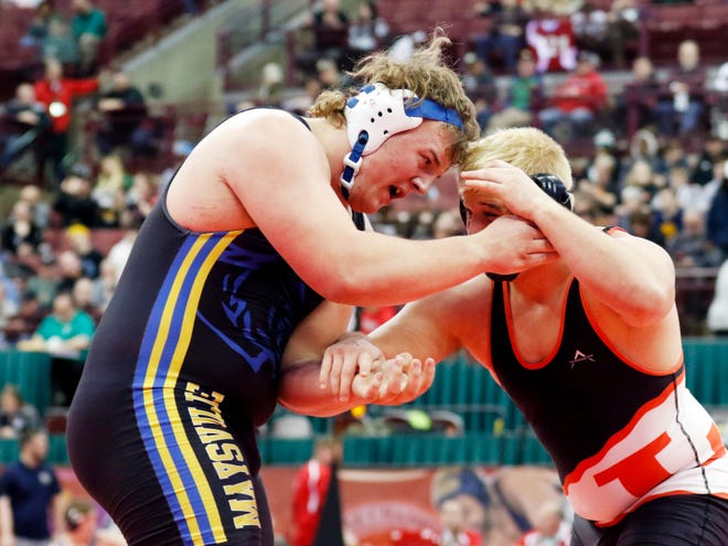 Maysville senior Gauge Samson advanced to the championship at 285 pounds with a 3-2 win against London's Thad Huff in the winners bracket semifinals during the Division II state tournament on Saturday, March 12, 2022, at Ohio State's Value City Arena. Samson is bidding to become the first state champion in program history.