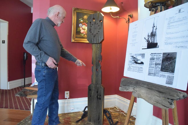 Pat McKee describes the work he completed on this grandfather-like clock he is now auctioning off at Stafford's Perry Hotel to benefit the people of Ukraine.
