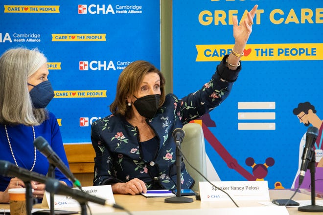 House Speaker Nancy Pelosi with Assistant House Speaker Katherine Clark during a roundtable discussion in the Cambridge  Health Alliance on Saturday, March 12.