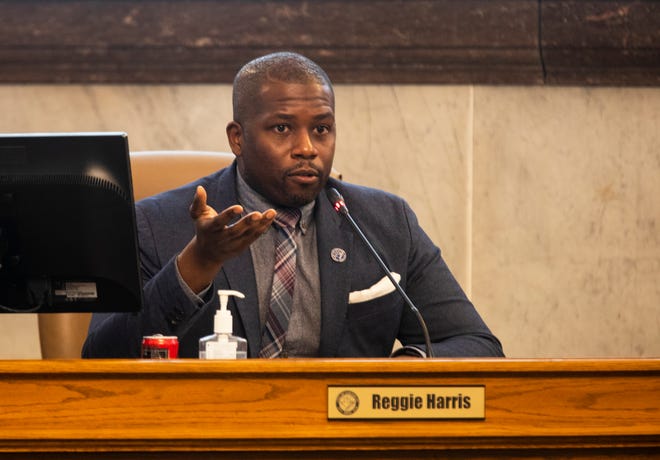 Reggie Harris, Cincinnati City Councilman, makes a comment during the budget and finance committee meeting, Monday, March 14, 2022. They were discussing a $9 million project in Oakley that had been in the works for nine months. Ultimately, the council did not approve the proposed eight-year tax abatement. The developer is Chris Hildebrant, CEO of the Morelia Group. Harris was against the abatement. 