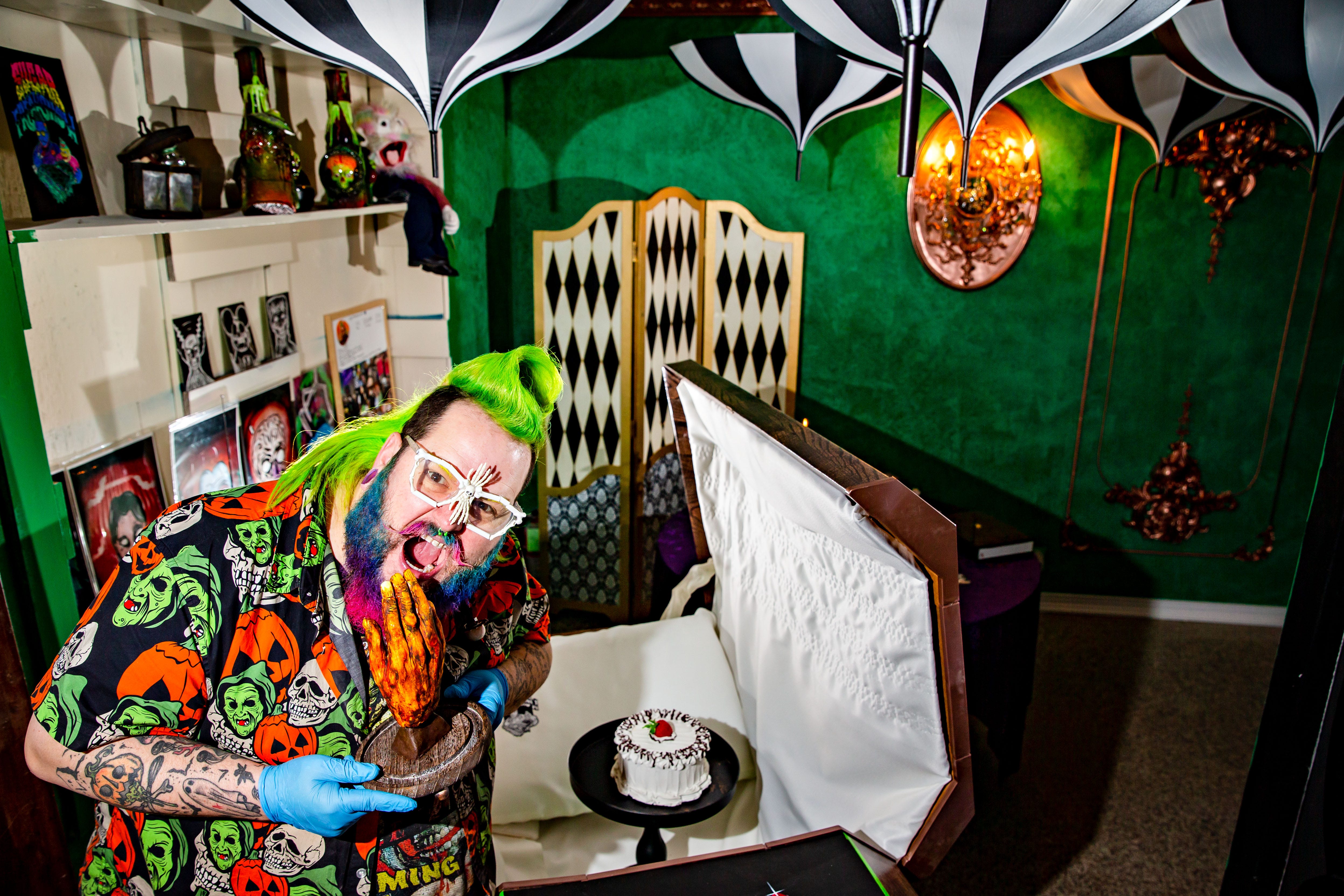 Andrew Fuller poses for a photo at his baking studio, Sugar Freakshow, at 3023 S.W. Ninth St. in Des Moines.