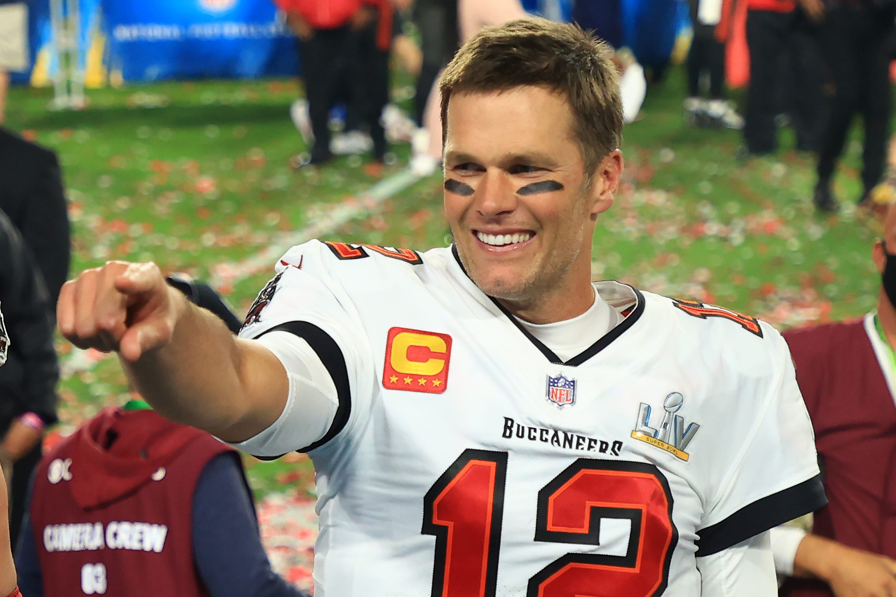 Tom Brady celebrates Tampa Bay Buccaneers Super Bowl win.