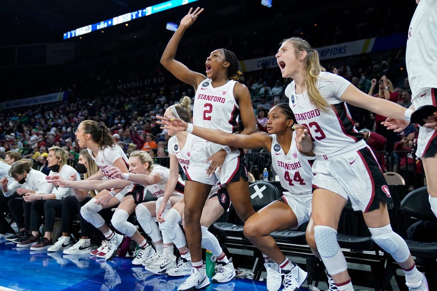 Stanford players celebrate during the second half of their game against Colorado in the semifinal of the Pac-12 women's tournament.