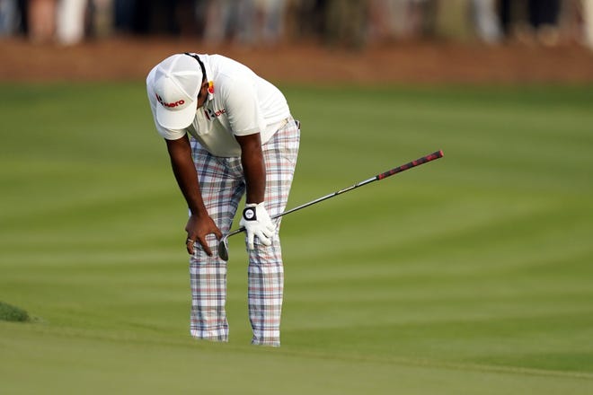 Anilban Rahiri of India reacts after missing a shot on the 18th hole in the final round of The Players Championship Golf Tournament on Monday, March 14, 2022 in Ponte Vedra Beach, Florida. Rahiri finished second only to Cameron Smith. Australian. (AP photo / Gerald Herbert)