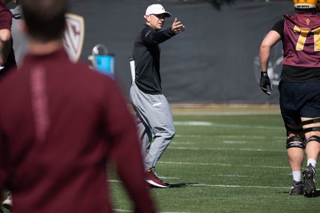 Glenn Thomas (offensive coordinator) coaches during ASU spring football practice, March 15, 2022, at Kajikawa Practice fields, Tempe, Arizona.
