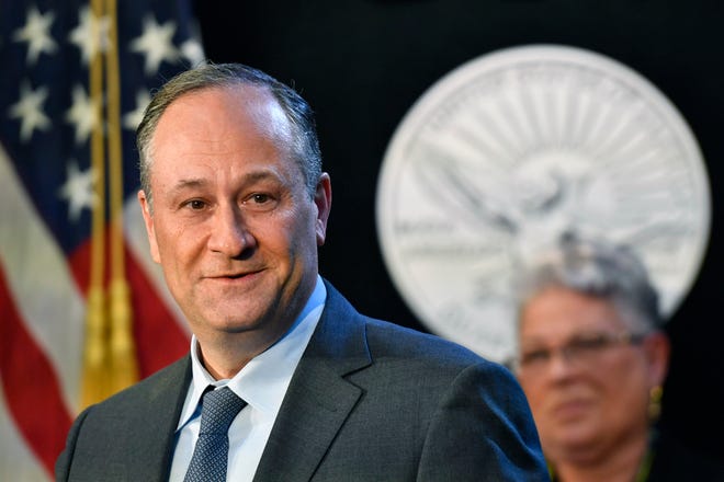 Second gentleman Doug Emhoff speaks to employees after touring The Denver Mint in Denver, Friday March 11, 2022. The Denver Mint is one of two locations that locations manufacturing coins for the new American Women Quarters Program which includes the Maya Angelou quarter dollar coin. (Jason Connolly/Pool via AP ORG XMIT: WX513