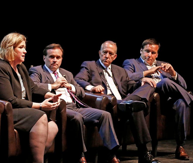 From left, Dayton mayor Nan Whaley; Cincinnati mayor John Cranley; Akron mayor Daniel Horrigan; and Columbus mayor Andrew Ginther participate in a panel discussion at the CEOs for Cities National Meeting 2016 on Tuesday, September 27, 2016 at Express Live in downtown Columbus.